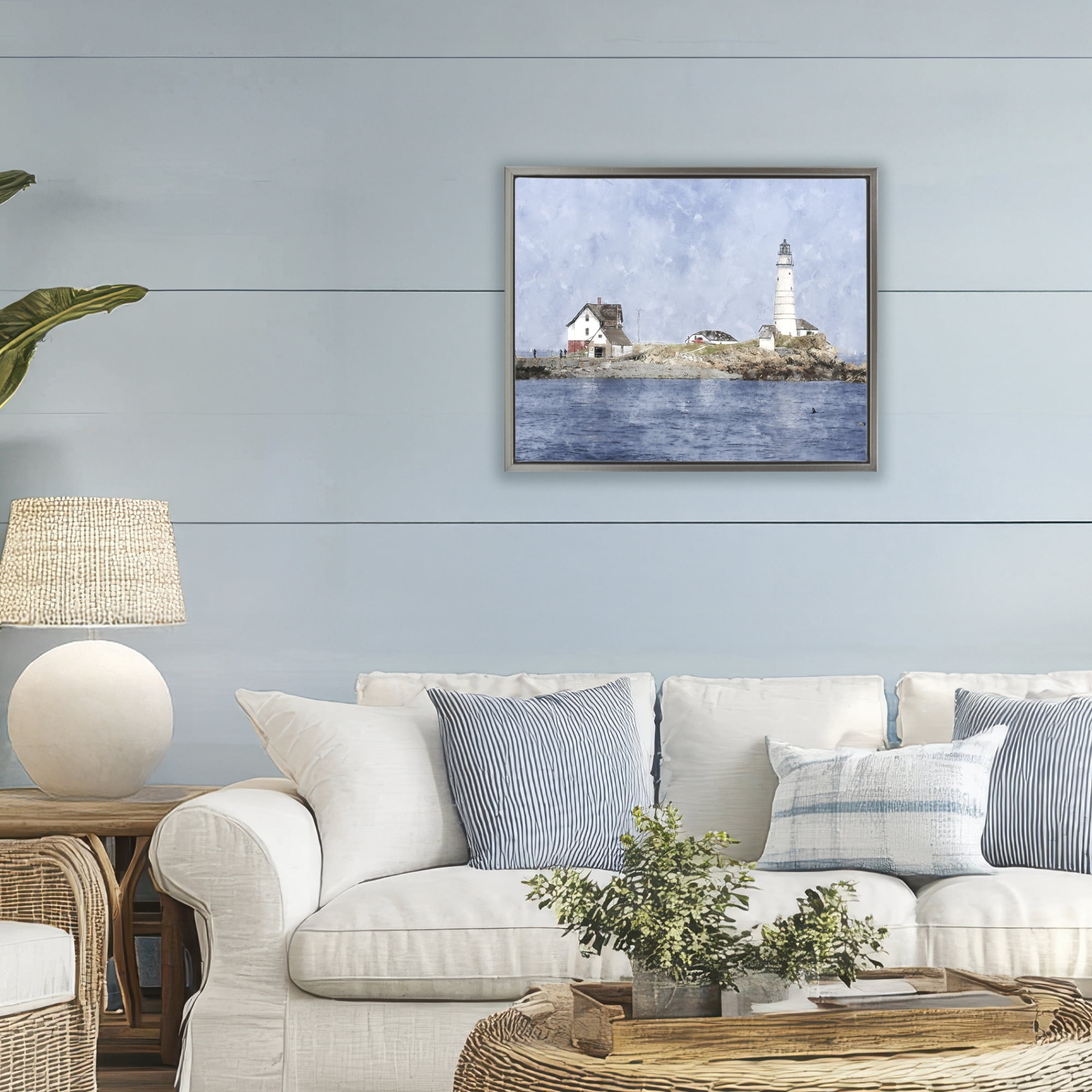 Stupell Industries Picturesque Lighthouse Island Gray Framed Floater Canvas Wall Art, design by Kim Curinga