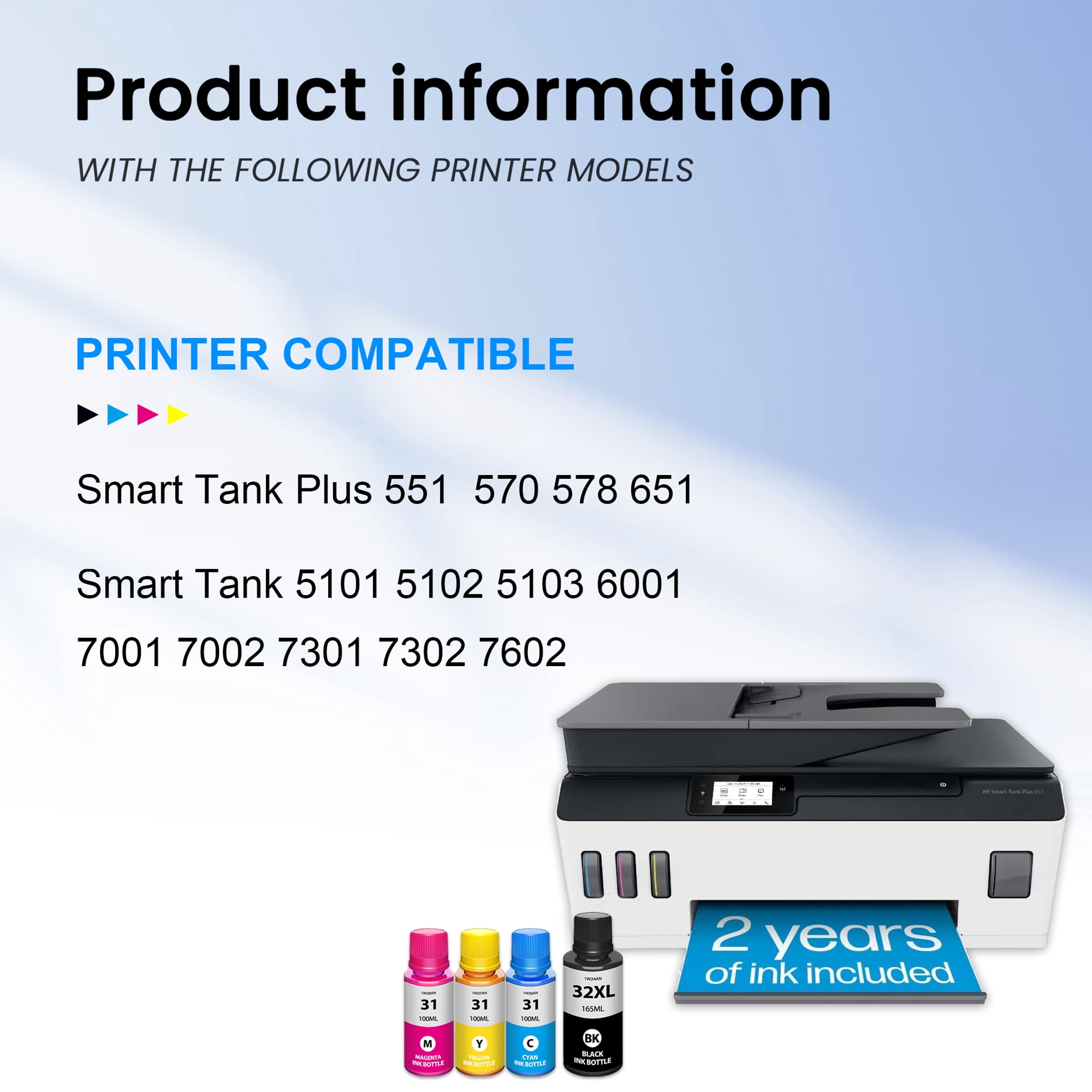 31 Ink 32XL Black Ink Bottle Set Compatible for 31 32 XL Ink Bottle Set for Smart Tank 651 5102 7002 Printers