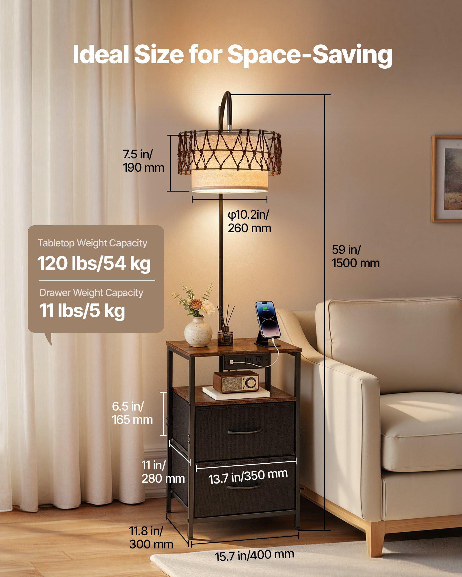 Modern 2 Tier End Table Floor Lamp with 2 Drawers 3 Color Temperature LED Bulb USB Type C AC Charging Port for Living Room Bedroom Dorm