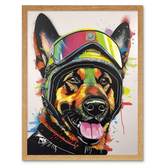 German Shepherd Dog Wearing Ski Helmet and Goggles Art Print Framed Poster Wall Decor 12x16 inch