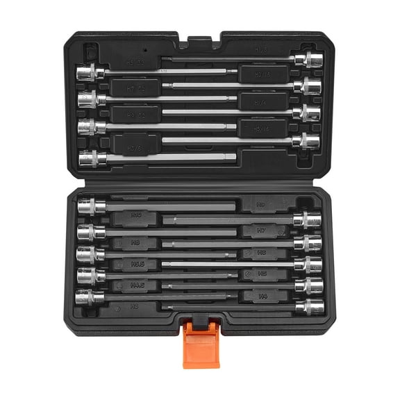 VEVOR Extra Long Allen Hex Bit Socket Set, 18-Piece 3/8 inch Drive, S2 Alloy Steel and Cr-V Steel, Standard SAE and Metric 1/8-Inch-3/8-Inch, 3-12mm, with Enhanced Storage Case, for Mechanics