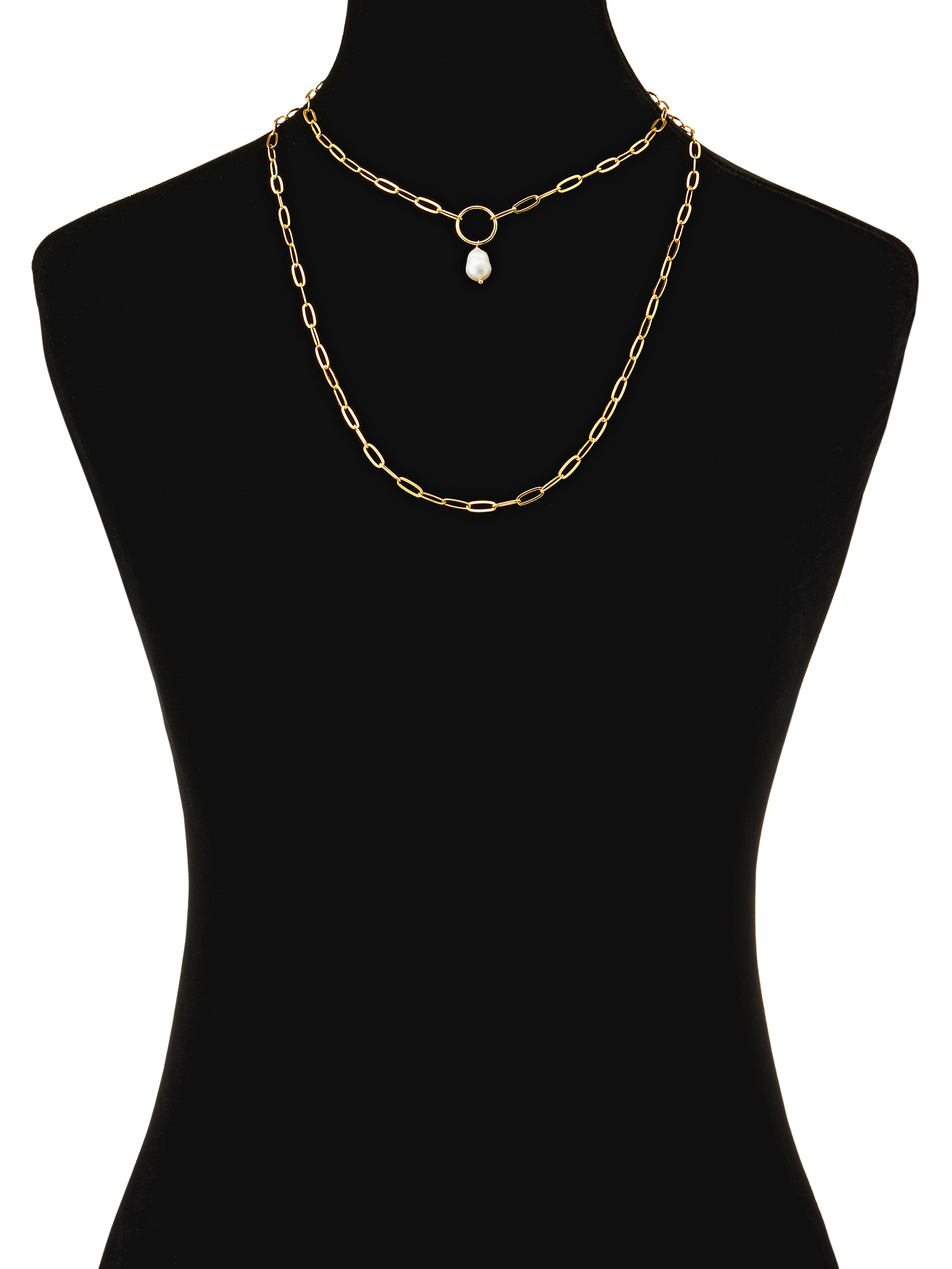 Scoop Brass Yellow Gold-Plated Layered Imitation Pearl Link Necklace, 15" + 3" Extender - image 2 of 4