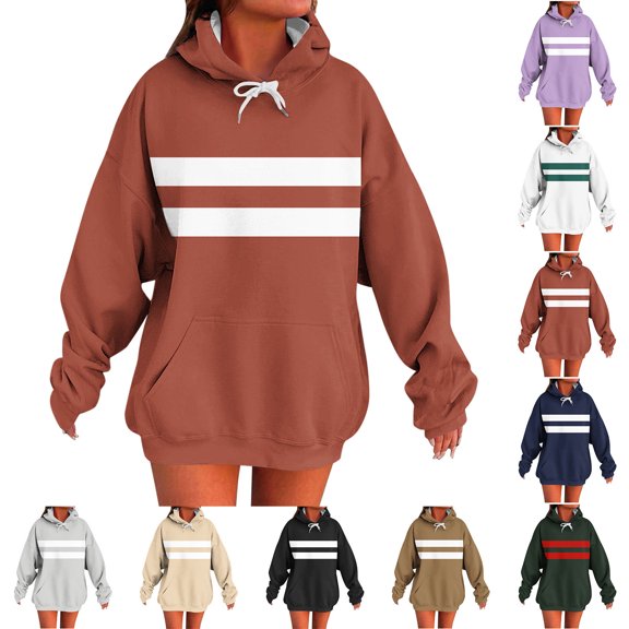 Smsaxvxz Women's Hoodies Stripe Fleece Long Sleeve Hooded Sweatshirts Drop Shoulder Pullover Tops with Pocket Winter Warm Blouse Khaki XL