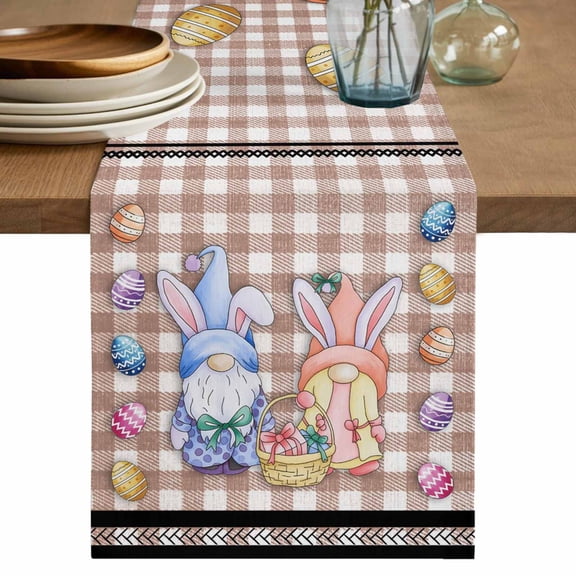 Table Runner 70 Inches Long for Kitchen Dining, Bunny Gnomes Easter Dresser Scarf Farmhouse, Dining Table Decorations for Wedding/Parties, Eggs Brown Checkered Farmhouse 13 x 70 In