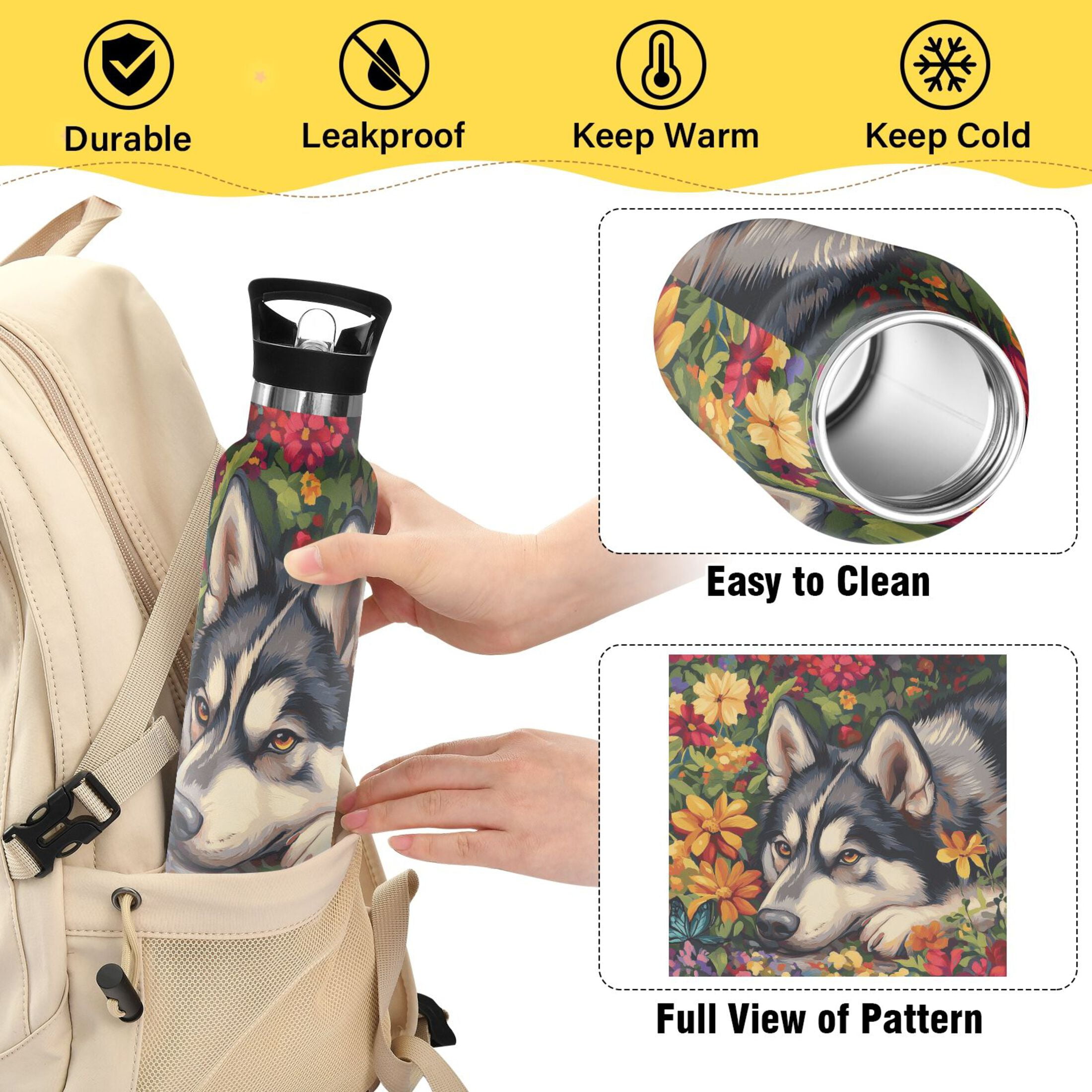 600ML Stainless Steel Insulated Cup Sports Water Bottle Portable Thermos Cup Water Glasses Insulated Tumblers Convenient and Durable Husky Flowers
