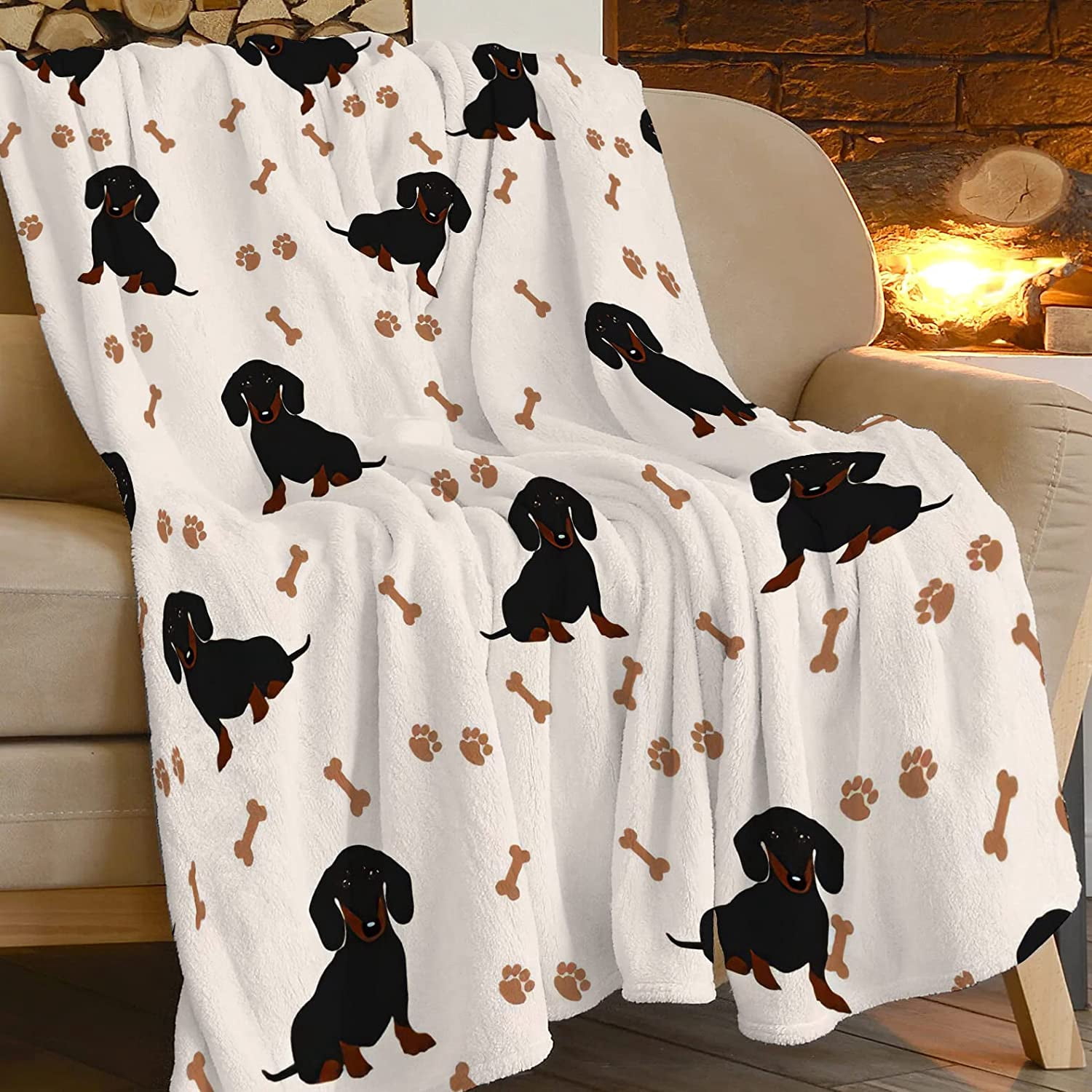 Dachshund Blanket Cute Soft Cozy Dachshund Fleece Blanket Warm Fuzzy Weiner Dog Paw Throw Blanket Dachshund Gifts Stuff for Women Kids Bed 50"X60"