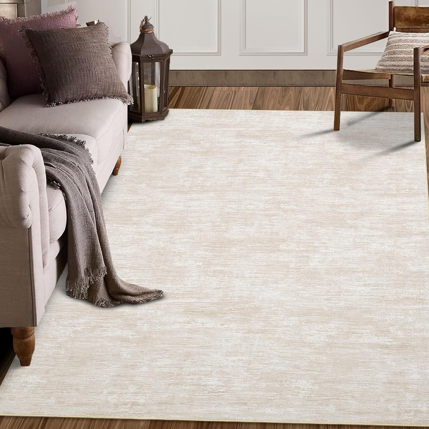 8x10 Washable Rug Non-Slip Modern Abstract Area Rug Stain Resistant Large Rug Contemporary Accent Throw Floor Carpet Solid Rug Dining Home Beige