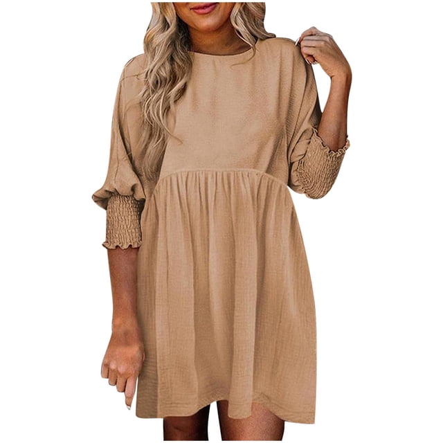 Gspmoly Robes d'Été pour Femmes, Mode Femme Été Manches 3/4 Décontractée Ample Col Rond Manche Robe à Poignets Noués Robes d'Été pour Femmes Économies