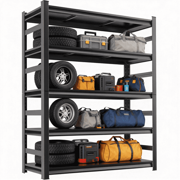 72"H x 36"W Metal Garage Shelving Unit, 5-Tier Heavy Duty Garage Storage Shelves with Fences, 3000 lbs Adjustable Industrial Shelving, Standing Shelf for Warehouse, Basement, Double-Layer Columns