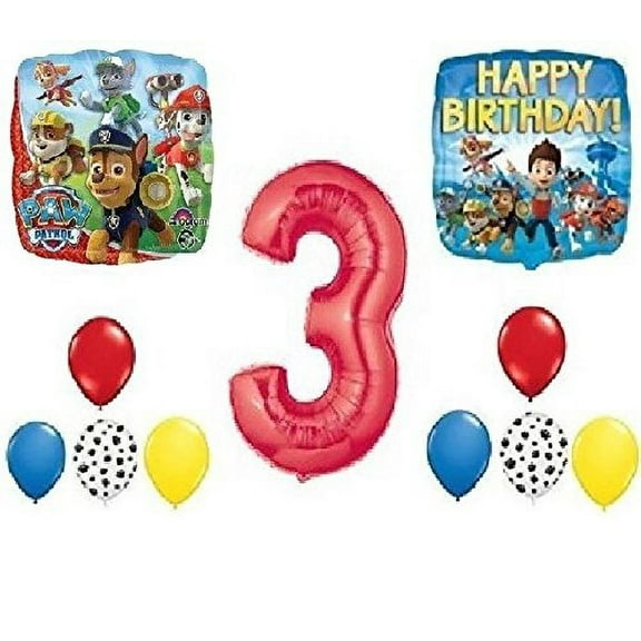 PAW PATROL Chase Dog 3rd #3 RED 11 Piece Birthday Party Mylar and Latex Balloons Set.