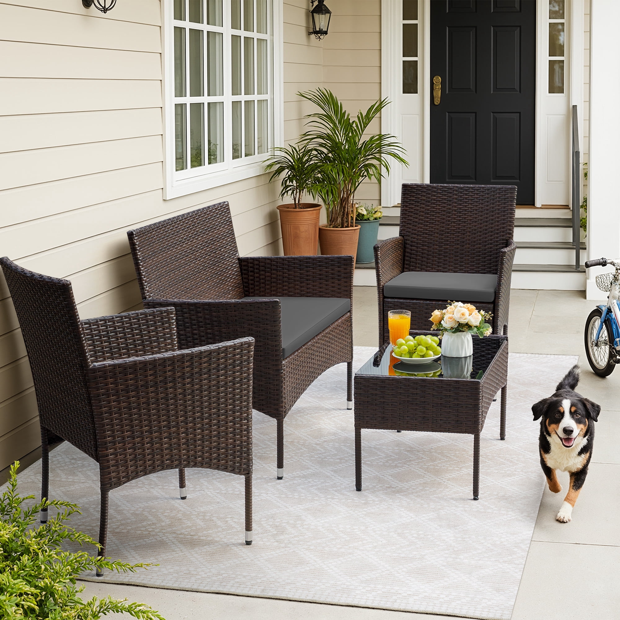 Homall 4 Pieces Patio Conversation Set Outdoor Furniture Rattan Chairs Wicker Seating with Cushion and Table Weather-resistant for Porch Garden Backyard, Brown /Gray