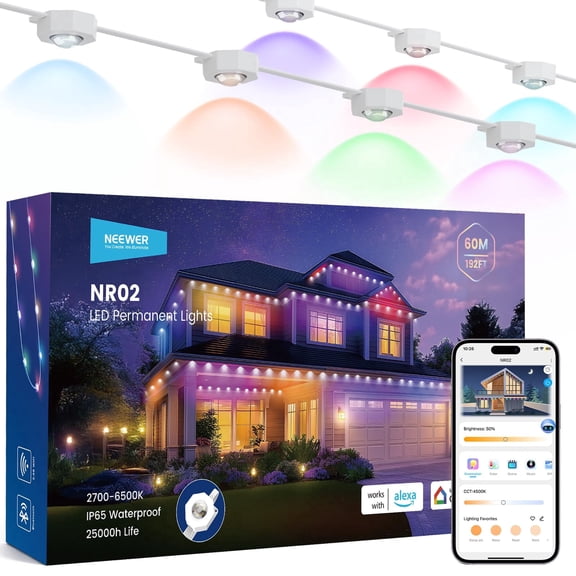 Neewer NR02 196ft Permanent Outdoor Lights, Smart AI RGBCW, 120 LEDs, IP65, App/Voice Control, for House/Eaves/Christmas Decor