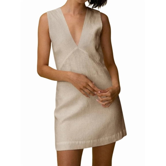 Women'S Summer Sleeveless Mini Dress Cotton Linen V Neck Cinched A Line Slim Tank Short Dress Color S