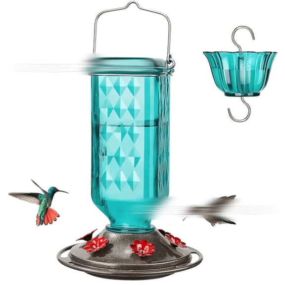 Texture Hummingbird Feeder for Outdoor Hanging, 24 Ounces, 6 Feeding Ports, Bird Nectar Feeder for Garden Décor, Ant Moat Included, Plastic