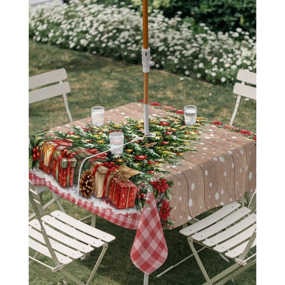 Outdoor Tablecloth with Umbrella Hole, Christmas Tree Bell Pine Cone Poinsettia Flower Zippered Table Cloth for Rectangle Tables, Red Plaid Washable Waterproof Tablecloths for Picnic Patio Garden