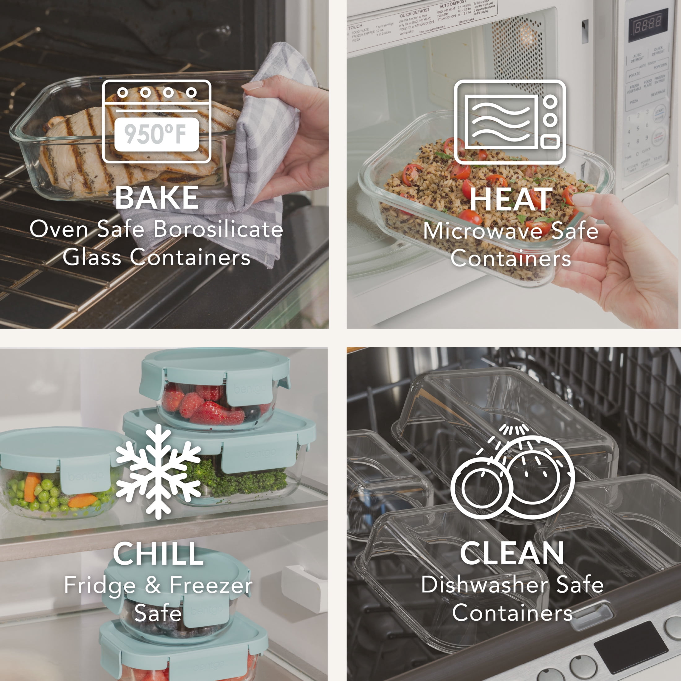 Bentgo Glass Leak-Proof Food Storage Set - 6-Piece Glass Containers with BPA-Free Airtight Lids, Reusable & Durable for Leftovers & Meal Prep - Microwave, Freezer, Oven & Dishwasher Safe (Soft Aqua)