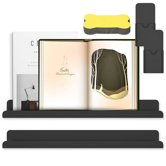 2Pcs Magnetic Book Shelf for Whiteboard Acrylic Magnetic Book Holder with Blackboard Eraser and Pen Container Magnetic Floating Book Display Shelf Reusable Magnetic Shelves for Whiteboard