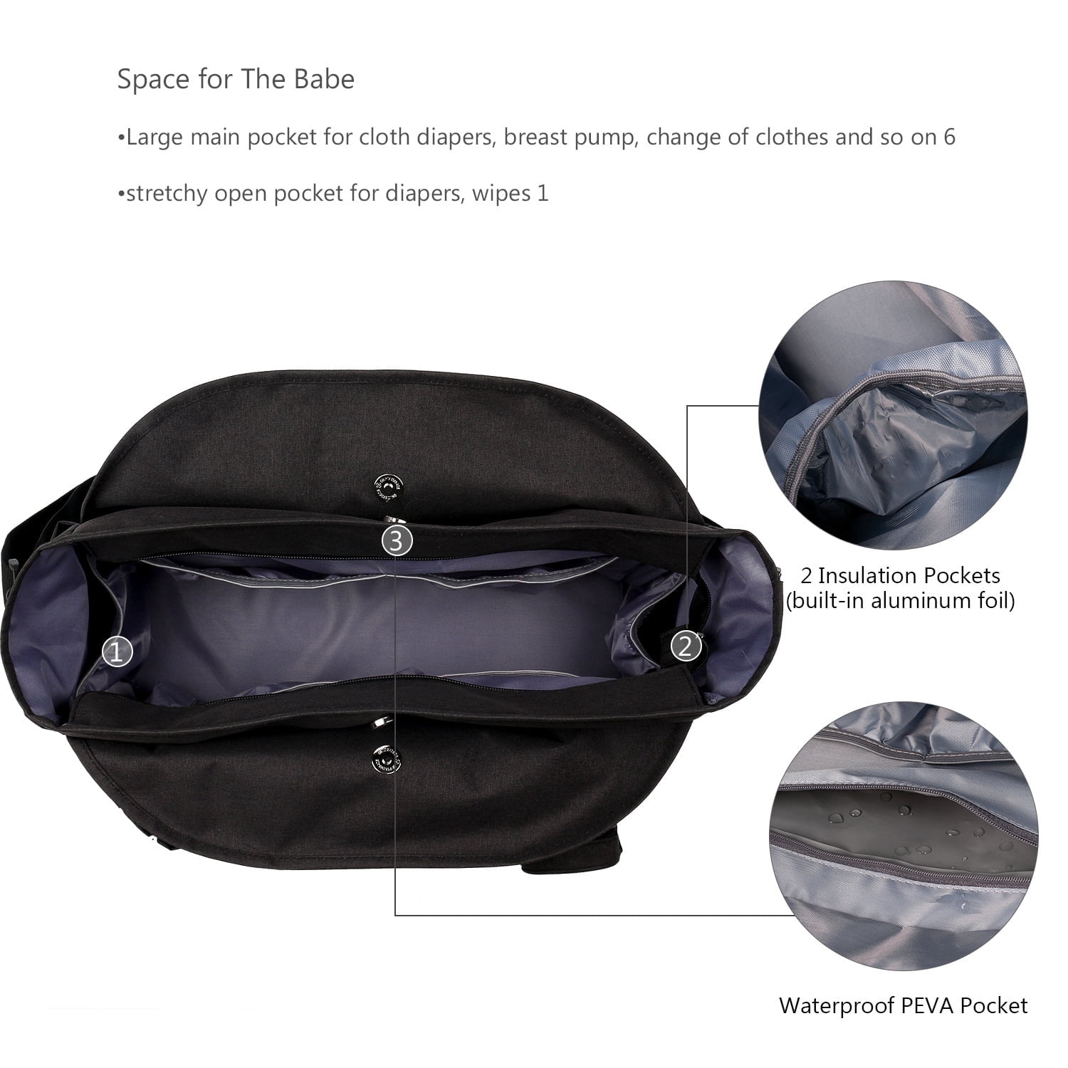 Multi-Function Travel Diaper Bag Tote Black for Parents with Pacifier Holder Adjustable Strap Insulated Pockets