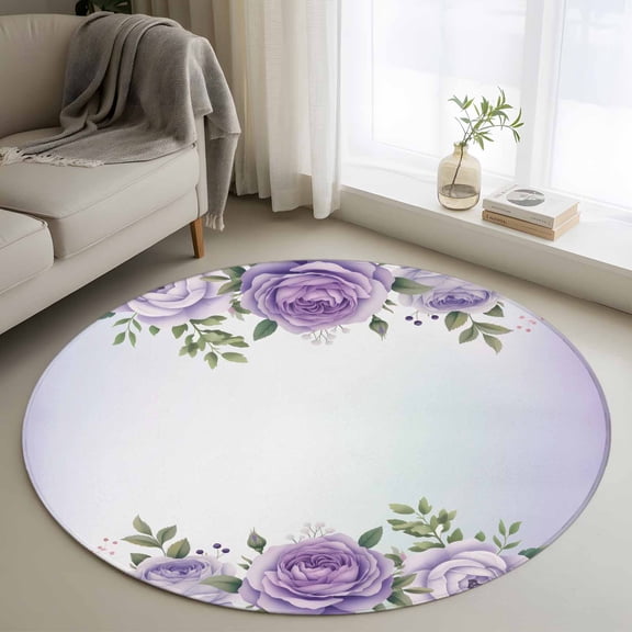Spring Flowers Round Area Rug 3.3Ft Washable Circle Rugs for Dining Room Table, Botanical Purple Floral Leaaves Gradient Non-Slip Carpet Floor Mats Indoor Outdoor Carpet Runner Aesthetic Home Decor