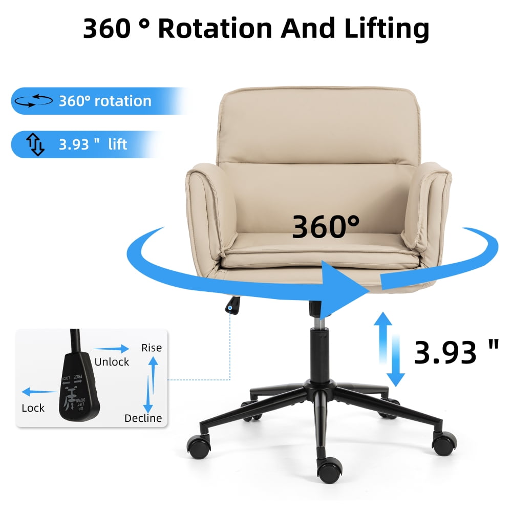 Pawverly cross-over office chair, with wheels, ergonomic swivel design, 5-position adjustable armrests, thick padded backrest, beige PU vanity chair, suitable for home offices and bedrooms.