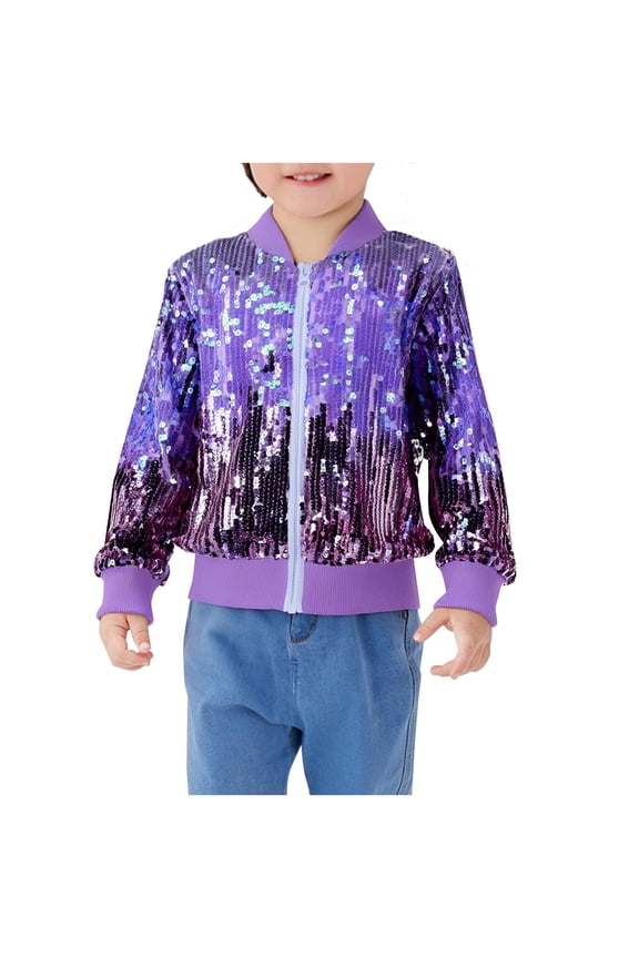 Girls' Coat Ombre Sequin Bomber Jacket with Pockets Lightweight Sparkle Long Sleeve Zipper Gradient Jackets for Kid