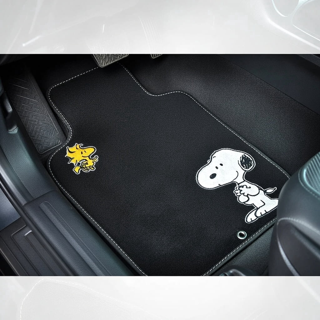 Peanuts Snoopy  Woodstock Car Floor Mats License Plate Frames Steering Wheel Cover 3D Keychain Air Freshener Full Bundle Set