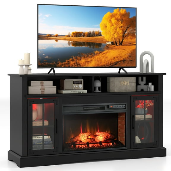 Gymax Fireplace TV Stand w/ Remote Controls & Thermostat Storage Cabinets Black