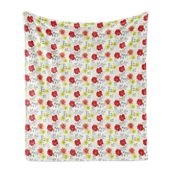Spring Soft Flannel Fleece Blanket, Beauty of Summer Blossoms Flowering Meadow Petals Fragrance Foliage, Cozy Plush for Indoor and Outdoor Use, 60" x 80", Red Yellow Green and Grey, by Ambesonne
