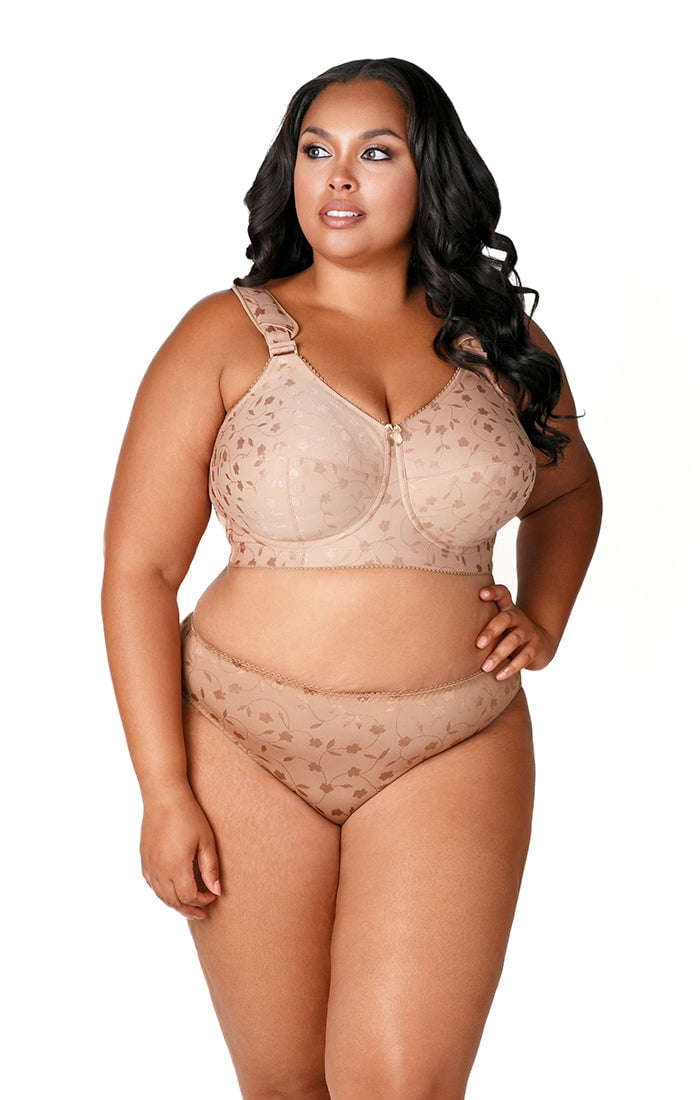 Elila Women's Plus Size Super Curves Jacquard Softcup Bra, Full Coverage Wire-Free Firm Support, Style 1305 Mocha