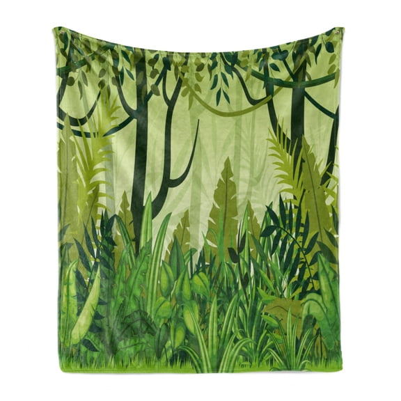 Plant Soft Flannel Fleece Throw Blanket, Cartoon Style Jungle Depiction Hand Drawn Digital Rainforest Leaves Bushes Trees, Cozy Plush for Indoor and Outdoor Use, 50" x 70", Forest Green, by Ambesonne