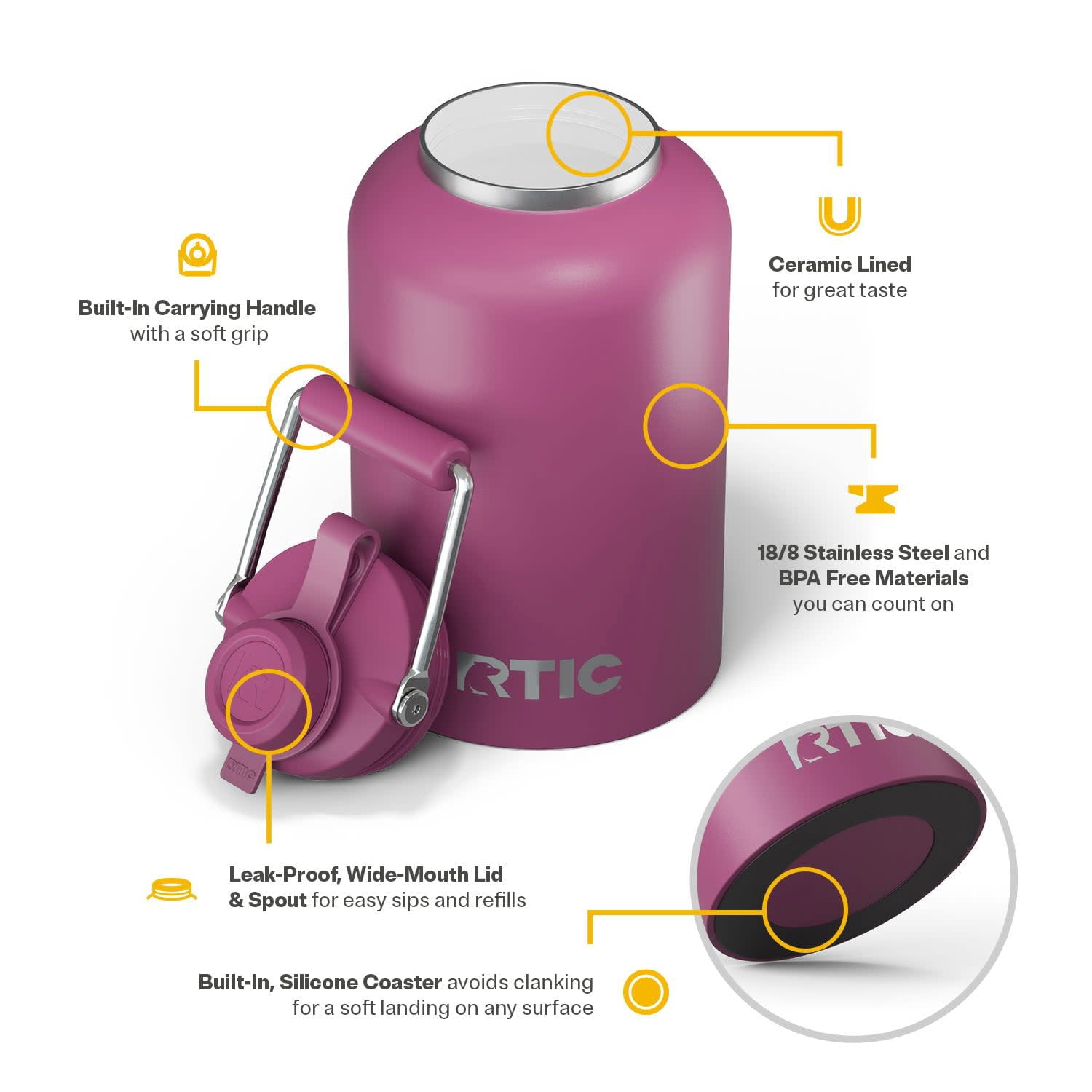 RTIC One Gallon Ceramic Lined Insulated Outback Water Bottle Jug, Leak Proof, Orchid