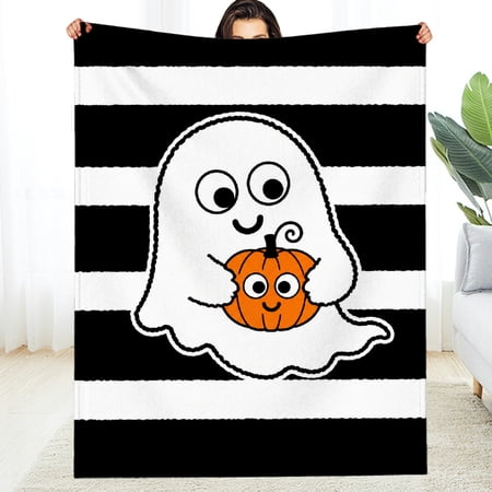 GONGXIFACAI Lightweight Durable Warm Cozy Throw Blanket Cute Ghost Holding Pumpkin Striped Print、 Soft Fluffy Flannel Blanket for Sofa Couch Bed - Allergy Air Conditioning