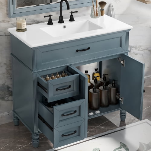36" Bathroom Vanity with Sink, Modern Black Bathroom Cabinet with Drawers, Solid Wood Frame and MDF Board Storage for Bathroom, Blue