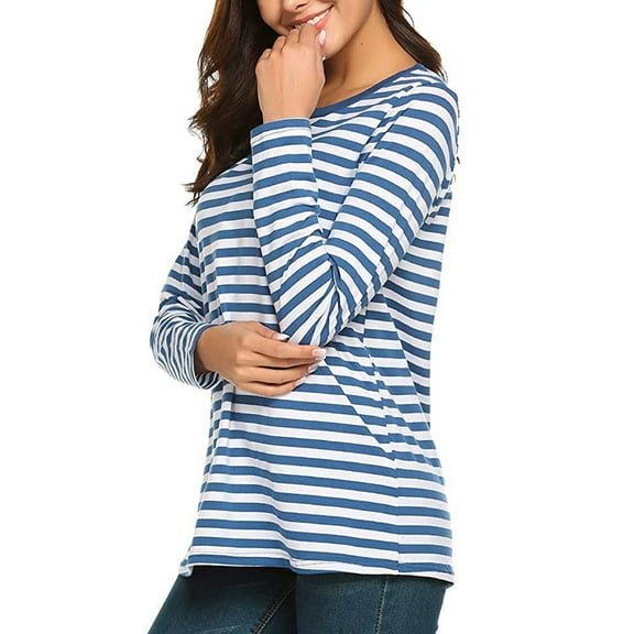 Women Long Sleeve Round Neck Basic T-Shirt Striped Shirts Tunic Top Blouse