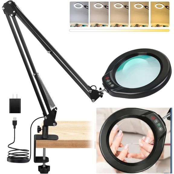 VEEMAGNI 5'' Large Real Glass Magnifying Glass with Light and Stand, 2*16 Inch Swivel Arm LED Clamp Desk Lamp, 5 Color Modes Stepless Dimmable, Hands Free Lighted Magnifier for Close Work Craft