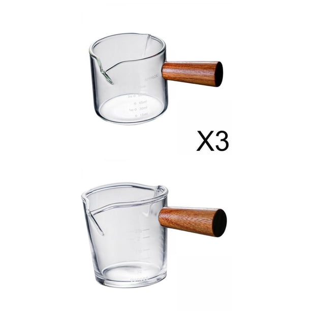 Taza medidora con pico,Mini espresso transparente de vidrio con alto contenido de borosilicato,Taza medidora de doble pico Taza de leche,Dispensador con Mango de Madera 51 100ML,Vaso de chupito