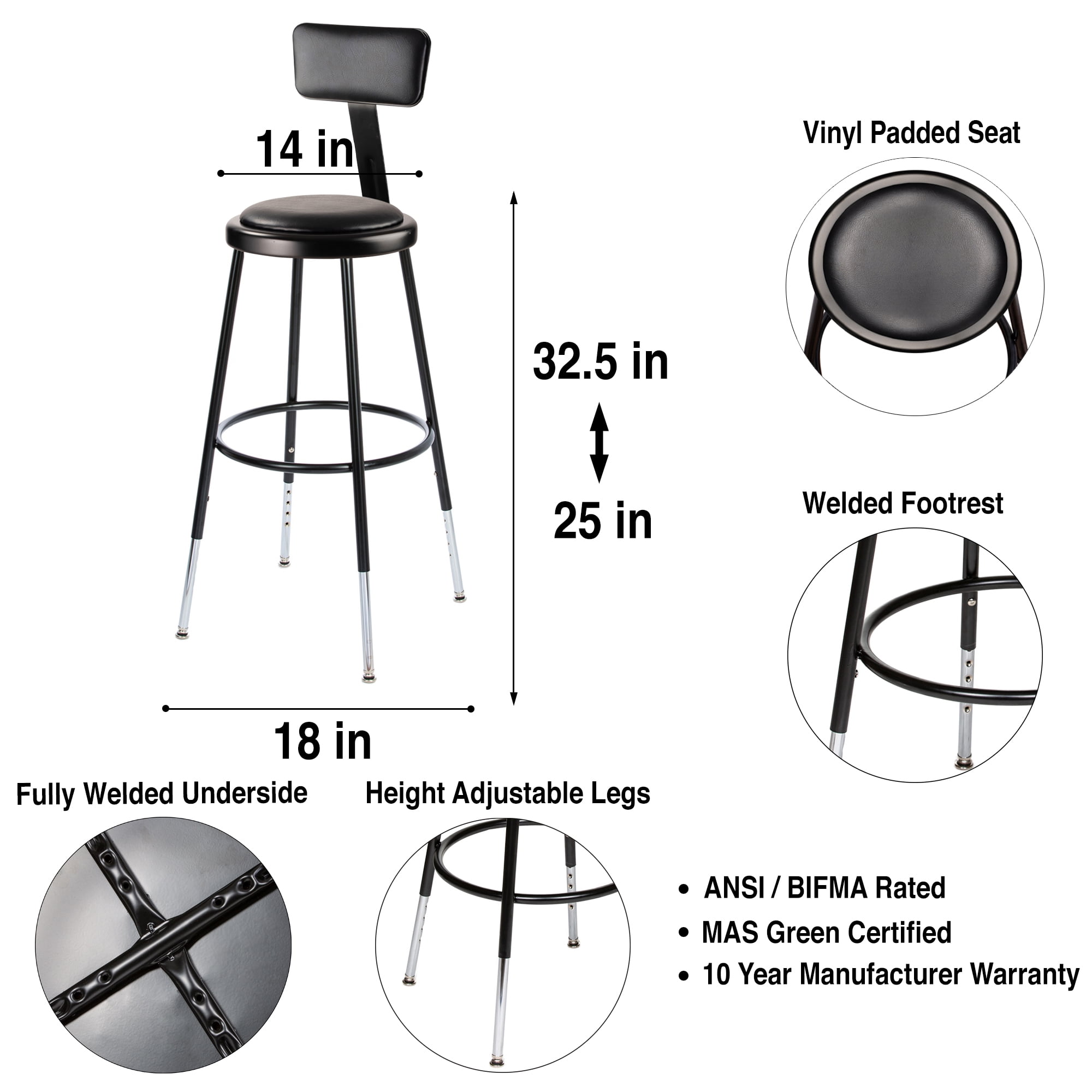Otto 25"-33" Height Adjustable Stool with Backrest, Black, Pack of 2
