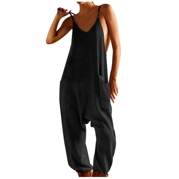 Lovskoo Jumpsuits for Women Casual Summer Rompers Sleeveless Loose Spaghetti Strap Baggy Overalls Jumpers with Pockets 2023 Black