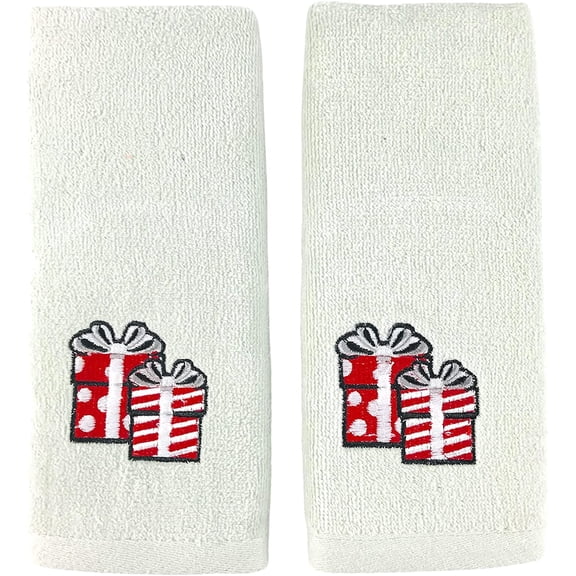 Serafina Home Christmas Gnomes Fingertip Towel Set: Light Grey Velour Towels with Red White Embroidery Presents
