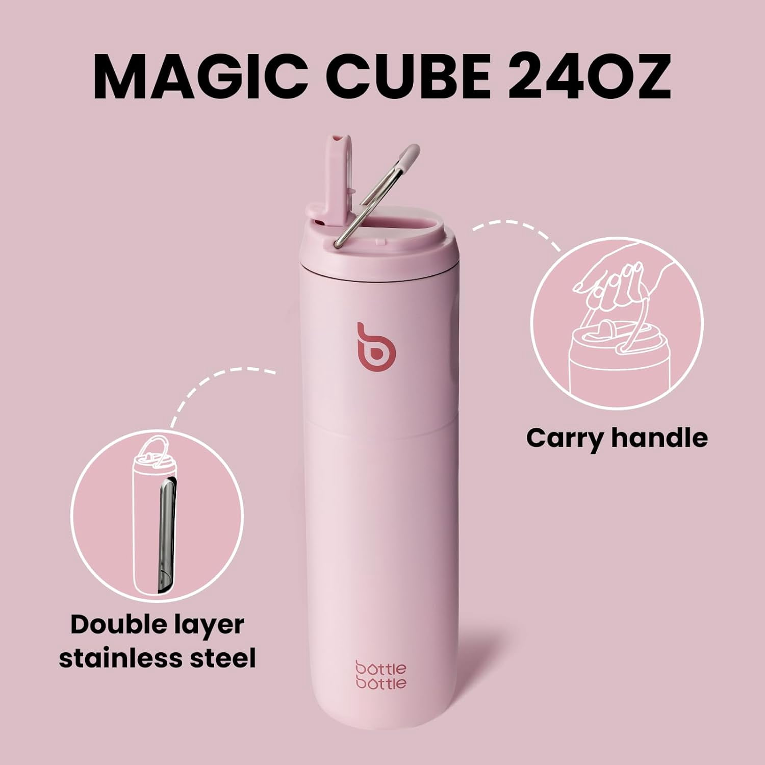 BOTTLE BOTTLE Insulated Water Bottle 24oz with Straw Lid and Handle for Sports Travel Gym Stainless Steel Water Bottles Metal Leak Proof Light Pink