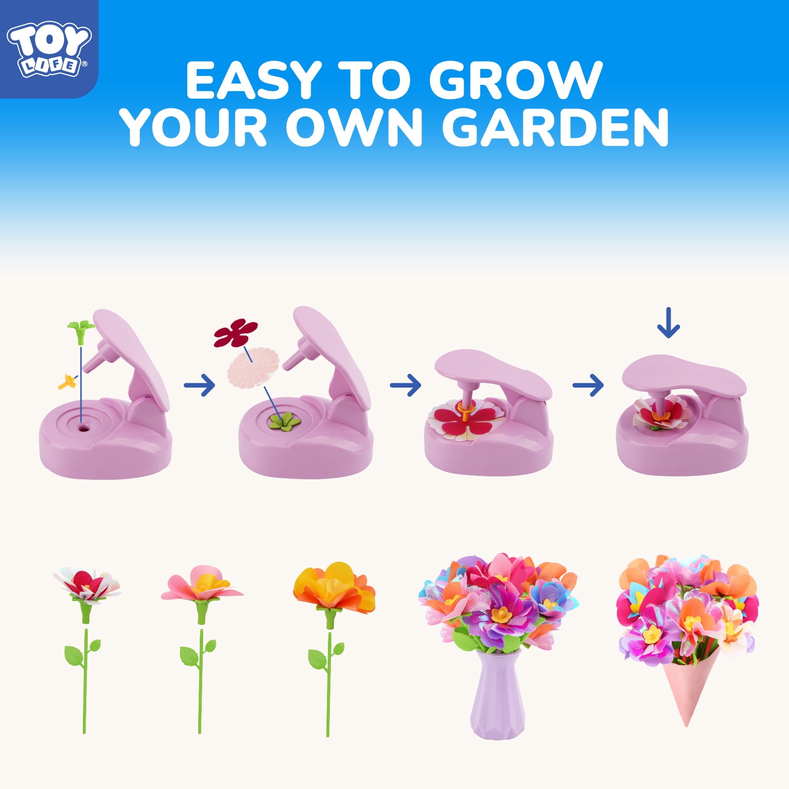 Toy Life DIY Flower Maker for Kids - Fabric Flower Bouquet Craft Kit for Girls 5-8 - Arts and Crafts Kits for 7 Year Old Girls - Flower Making Toy - Birthday Gift for 6 8 Year Old Girls