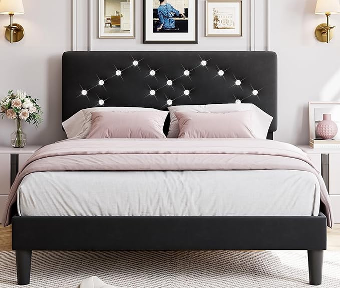 Full Size Bed Frame with Headboard, Upholstered Platform Bed Frames Full Size with Crystal Diamond Tufted for Teen Easy Assembly, Wooden Slats Support, No Box Spring Needed, Black