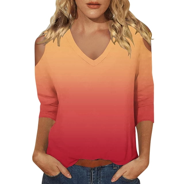WZXFASHION Hauts pour Femmes à Manches 3/4 2025 Printemps Col Décontracté Tunique Imprimée T-Shirts à Manches Trois Quarts Hauts pour Femmes à 50 % de Rabais Liquidation T-shirt à Manches Longues pour Femme