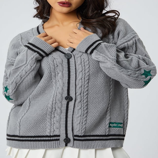 Femmes Doux Cardigan en Tricot Manches Longues V Cou Étoile Imprimer Bouton Bas Tricot Automne Hiver Pull Rouge M