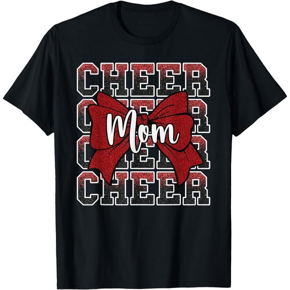 Glittery Red Cheer Mom Mama Bow Sport Cheerleading T-Shirt for Game Day Support