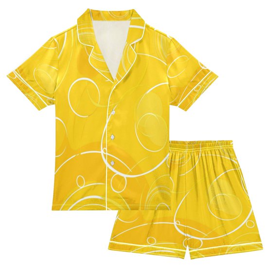 Silky Satin Kids' Pajama Set Breathable & Smooth Unisex Button-Down Pajamas Yellow Circles and Lines