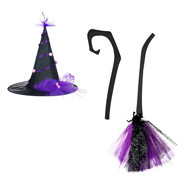 Decoración de Halloween: Bruja con Escoba Voladora, Sombrero de Bruja, Maquillaje, Accesorios para Disfraces, Festival de Fantasmas. Set de Escobas Voladoras Desmontables | Plástico + Hilo de Red | C