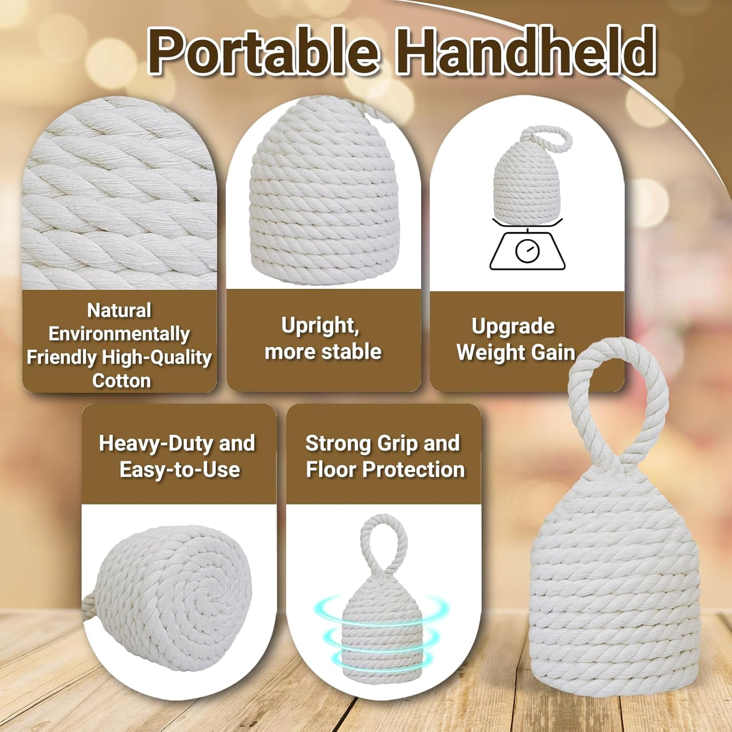 Natural Rope Door Stopper with Handle, Cotton Cute Decorative Door Stop, Heavy Indoor Doorstop, Blocker Keeps Door Open, Window Wedge, Bookend 5.6 inch (4.4lbs, Ivory Cone)