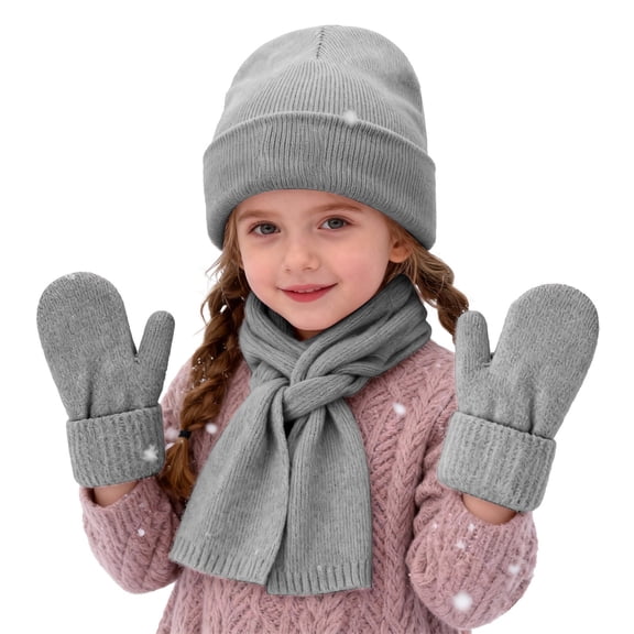CPNG Girls Winter Warm Beanie Hat Scarf Gloves Set, Warm Fleece Knitted Pompom Hat with Pom Pom Neck Warmer Long Scarf Touchscreen Gloves