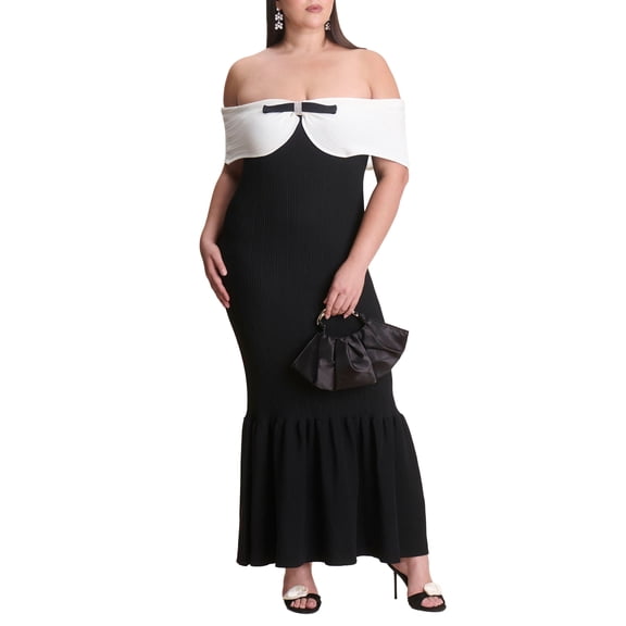 ELOQUII Women's Plus Size Contrast Bow Fluted Midi Dress